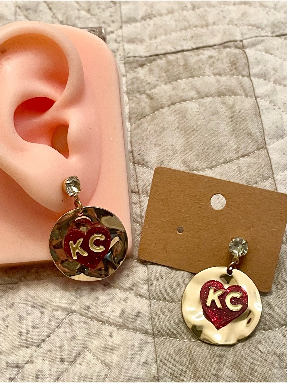 Gold Drop Earrings with Red Heart KC Accent - Picture 5 of 13